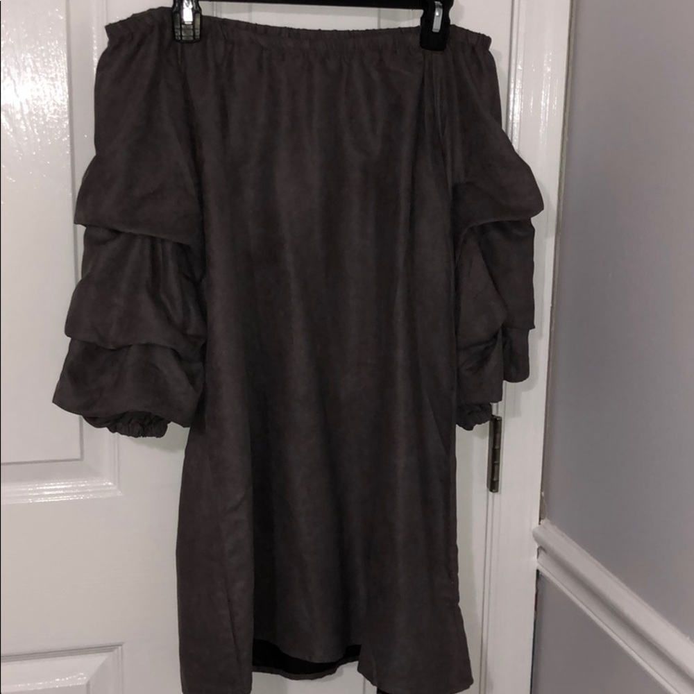 Suede off the should dress